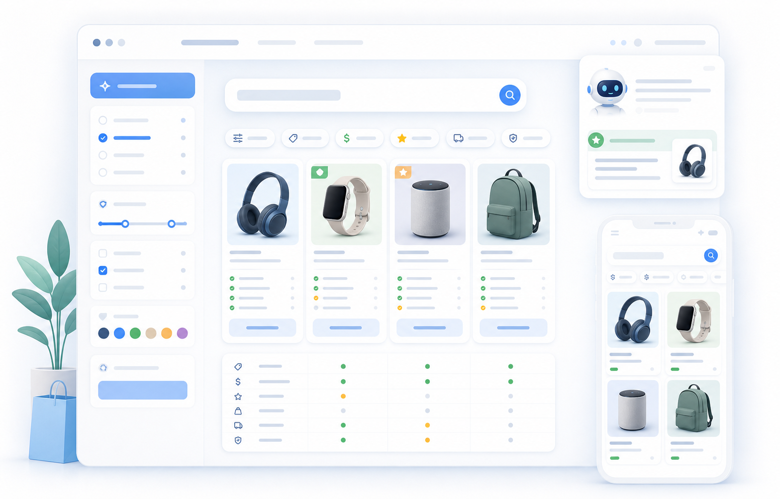 AI shopping assistant dashboard with product comparison cards, filters, and a recommendation panel
